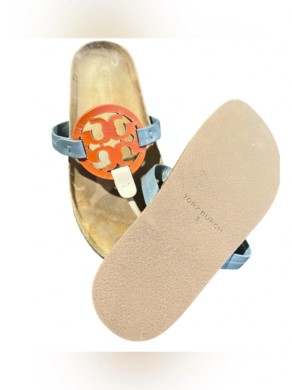 Tory Burch Orange and Gray Leather Cork Thong Sandals